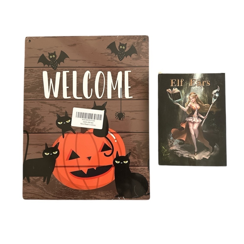 Bundle Of 2 Halloween Stuff Pumpkin Wall Art & Elf Ears Brand New